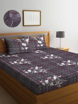 ARRABI - Grey Floral TC Cotton Blend Double Fitted Bedsheet with 2 Pillow Covers