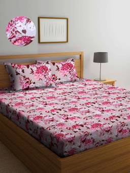 ARRABI - Pink Floral TC Cotton Blend Double King Fitted Bedsheet with 2 Pillow Covers