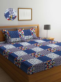 ARRABI - Blue Geometric TC Cotton Blend Double Fitted Bedsheet with 2 Pillow Covers