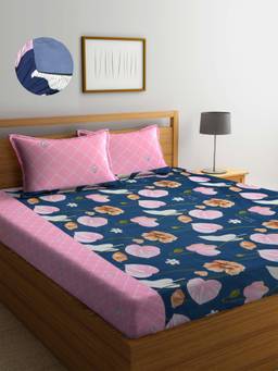 ARRABI - Multi Floral TC Cotton Blend Double King Fitted Bedsheet with 2 Pillow Covers