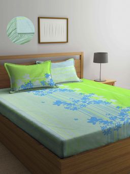 ARRABI - Green Floral TC Cotton Blend Double King Fitted Bedsheet with 2 Pillow Covers