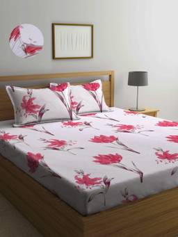 ARRABI - Beige Floral TC Cotton Blend Double King Fitted Bedsheet with 2 Pillow Covers