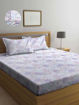 ARRABI - White Floral TC Cotton Blend Double King Fitted Bedsheet with 2 Pillow Covers