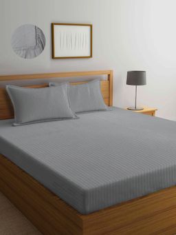 ARRABI - Grey Stripes TC Cotton Blend Double Fitted Bedsheet with 2 Pillow Covers