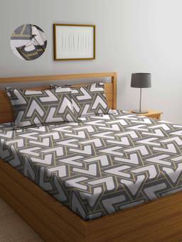 ARRABI - Brown Geometric TC Cotton Blend Double King Fitted Bedsheet with 2 Pillow Covers