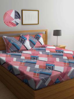 ARRABI - Multi Geometric TC Cotton Blend Double King Fitted Bedsheet with 2 Pillow Covers