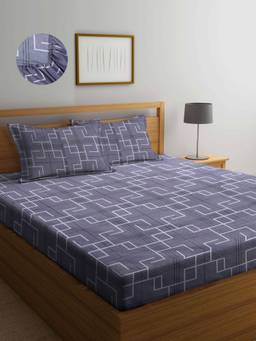 ARRABI - Grey Geometric TC Cotton Blend Double King Fitted Bedsheet with 2 Pillow Covers
