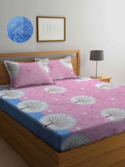 ARRABI - Pink Graphic TC Cotton Blend Double King Fitted Bedsheet with 2 Pillow Covers
