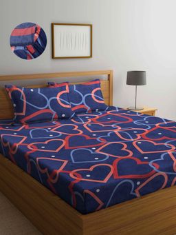 ARRABI - Blue Geometric TC Cotton Blend Double Fitted Bedsheet with 2 Pillow Covers