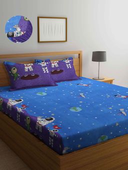 ARRABI - Blue Geometric TC Cotton Blend Double Fitted Bedsheet with 2 Pillow Covers