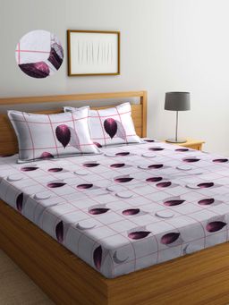 ARRABI - Grey Leaf TC Cotton Blend Double Fitted Bedsheet with 2 Pillow Covers