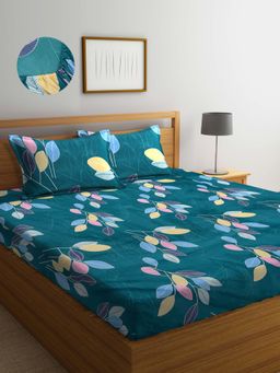 ARRABI - Green Floral TC Cotton Blend Double King Fitted Bedsheet with 2 Pillow Covers