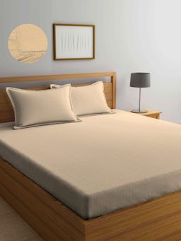 ARRABI - Cream Stripes TC Cotton Blend Double Fitted Bedsheet with 2 Pillow Covers