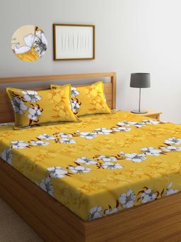 ARRABI - Yellow Floral TC Cotton Blend Double Fitted Bedsheet with 2 Pillow Covers