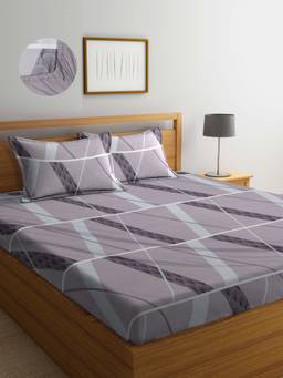 ARRABI - Grey Graphic TC Cotton Blend Double Fitted Bedsheet with 2 Pillow Covers