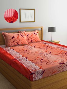 ARRABI - Orange Leaf TC Cotton Blend Double Fitted Bedsheet with 2 Pillow Covers