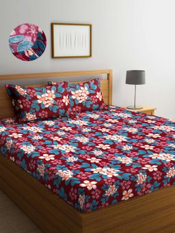ARRABI - Red Floral TC Cotton Blend Double Fitted Bedsheet with 2 Pillow Covers