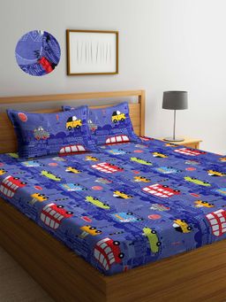 ARRABI - Blue Cartoon TC Cotton Blend Double Fitted Bedsheet with 2 Pillow Covers