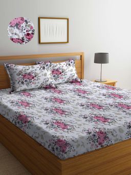 ARRABI - White Floral TC Cotton Blend Double Fitted Bedsheet with 2 Pillow Covers