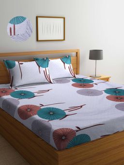 ARRABI - Grey Floral TC Cotton Blend Double Fitted Bedsheet with 2 Pillow Covers