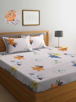 ARRABI - Beige Floral TC Cotton Blend Double Fitted Bedsheet with 2 Pillow Covers