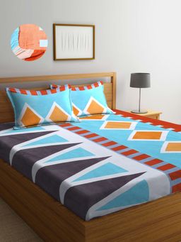 ARRABI - Blue Geometric TC Cotton Blend Double Fitted Bedsheet with 2 Pillow Covers
