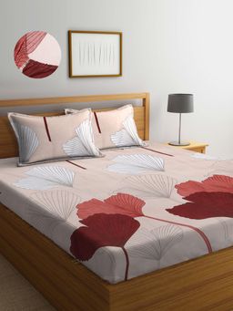 ARRABI - Brown Floral TC Cotton Blend Double Fitted Bedsheet with 2 Pillow Covers