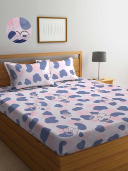 ARRABI - Pink Floral TC Cotton Blend Double Fitted Bedsheet with 2 Pillow Covers