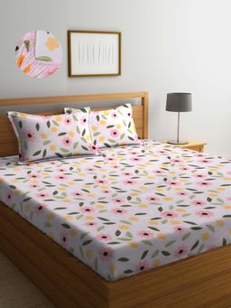 ARRABI - Pink Floral TC Cotton Blend Double Fitted Bedsheet with 2 Pillow Covers
