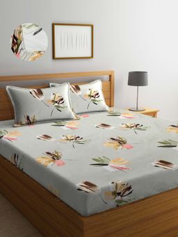 ARRABI - Green Floral TC Cotton Blend Double King Fitted Bedsheet with 2 Pillow Covers