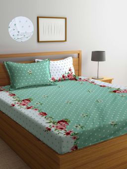 ARRABI - Green Floral TC Cotton Blend Double Fitted Bedsheet with 2 Pillow Covers