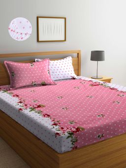 ARRABI - Pink Floral TC Cotton Blend Double Fitted Bedsheet with 2 Pillow Covers