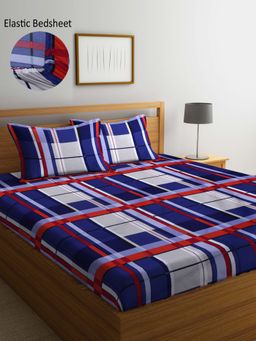 ARRABI - Blue Geometric TC Cotton Blend Double Fitted Bedsheet with 2 Pillow Covers