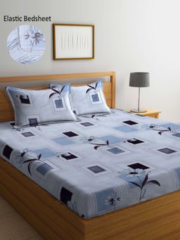 ARRABI - White Floral TC Cotton Blend Double Fitted Bedsheet with 2 Pillow Covers