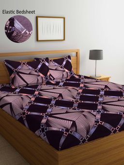 ARRABI - Brown Geometric TC Cotton Blend Double Fitted Bedsheet with 2 Pillow Covers