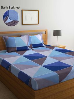 ARRABI - Blue Geometric TC Cotton Blend Double Fitted Bedsheet with 2 Pillow Covers