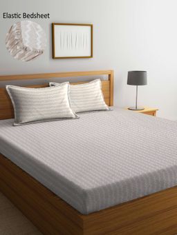 ARRABI - Brown Stripes TC Cotton Blend Double Fitted Bedsheet with 2 Pillow Covers