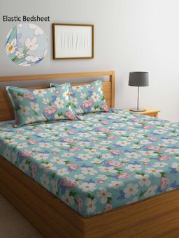 ARRABI - Blue Floral TC Cotton Blend Double Fitted Bedsheet with 2 Pillow Covers