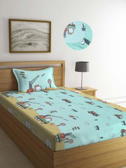 ARRABI - Green Cartoon TC Cotton Blend Single Fitted Bedsheet with 1 Pillow Cover