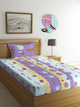 ARRABI - Multi Cartoon TC Cotton Blend Single Fitted Bedsheet with 1 Pillow Cover