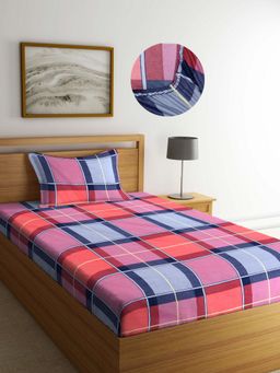 ARRABI - Multi Checks TC Cotton Blend Single Fitted Bedsheet with 1 Pillow Cover