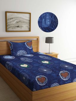 ARRABI - Blue Graphic TC Cotton Blend Single Fitted Bedsheet with 1 Pillow Cover