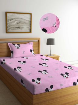 ARRABI - Pink Cartoon TC Cotton Blend Single Fitted Bedsheet with 1 Pillow Cover