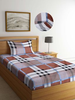 ARRABI - Multi Checks TC Cotton Blend Single Fitted Bedsheet with 1 Pillow Cover
