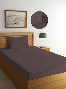 ARRABI - Brown Stripes TC Cotton Blend Single Fitted Bedsheet with 1 Pillow Cover