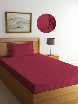 ARRABI - Red Stripes TC Cotton Blend Single Fitted Bedsheet with 1 Pillow Cover