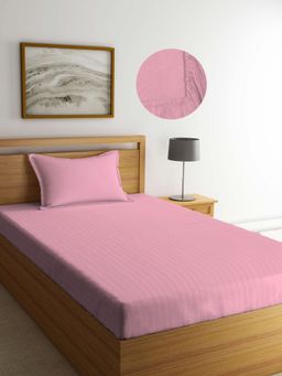 ARRABI - Pink Stripes TC Cotton Blend Single Fitted Bedsheet with 1 Pillow Cover