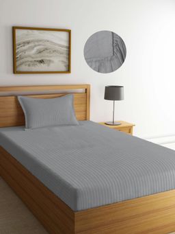 ARRABI - Grey Stripes TC Cotton Blend Single Fitted Bedsheet with 1 Pillow Cover