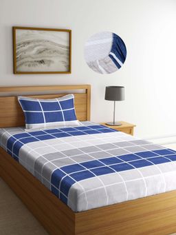 ARRABI - Blue Checks TC Cotton Blend Single Fitted Bedsheet with 1 Pillow Cover