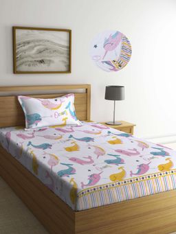 ARRABI - White Cartoon TC Cotton Blend Single Fitted Bedsheet with 1 Pillow Cover